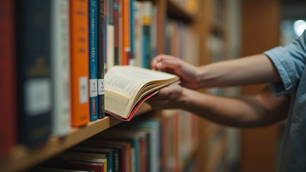 Scaffale di libri colorati in una moderna biblioteca con lettore che sceglie, atmosfera calda e accogliente