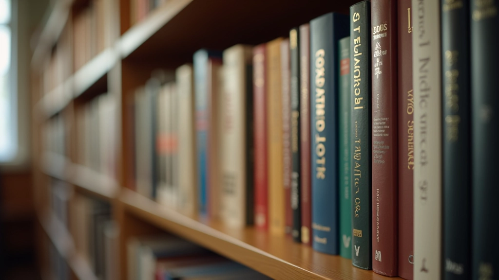 Scaffale di biblioteca con audiolibri e libri fisici, ambiente di lettura tranquillo