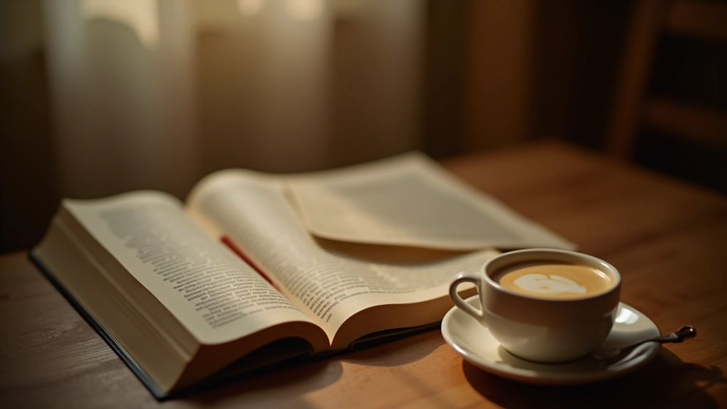 Tavolo di legno con una tazza di caffè e diversi libri aperti, atmosfera di lettura rilassante in ambiente accogliente