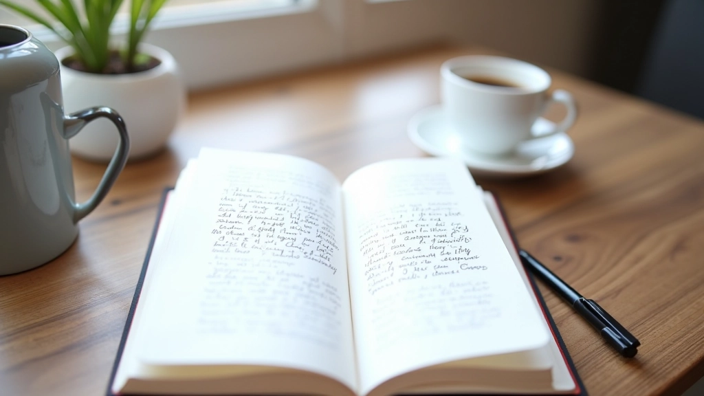 Notebook aperto con note da audiolibro, penna e tazza di caffè su scrivania