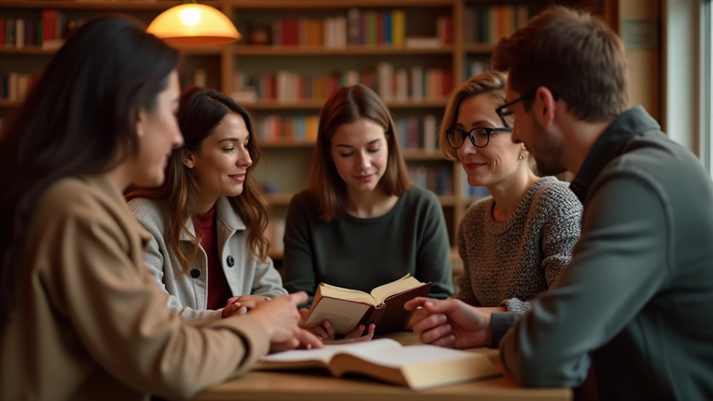 Gruppo di persone che leggono insieme, circolo di lettura in una libreria o caffetteria, discussione amichevole