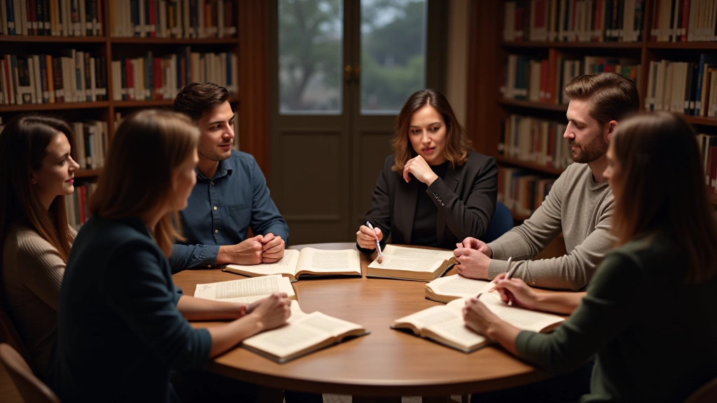 Persone sedute intorno a un tavolo in una biblioteca che discutono di libri