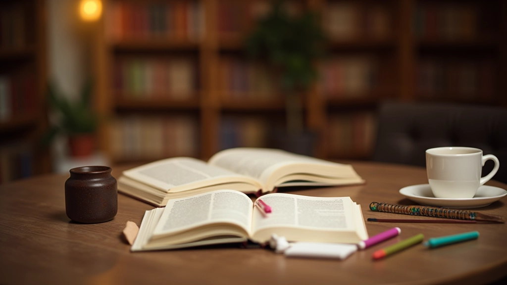 Tavolo di una biblioteca con libri aperti, notes, evidenziatori, caffè, ambiente studioso e accogliente