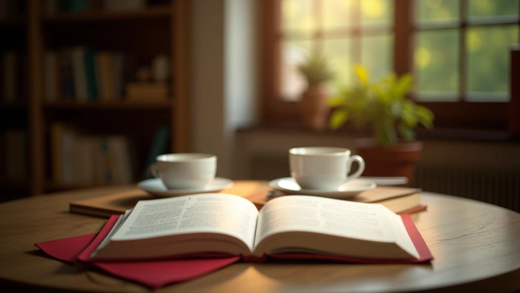 Tavolo con libri aperti, taccuini e tazze di caffè in una biblioteca luminosa, con luce naturale che entra dalle finestre