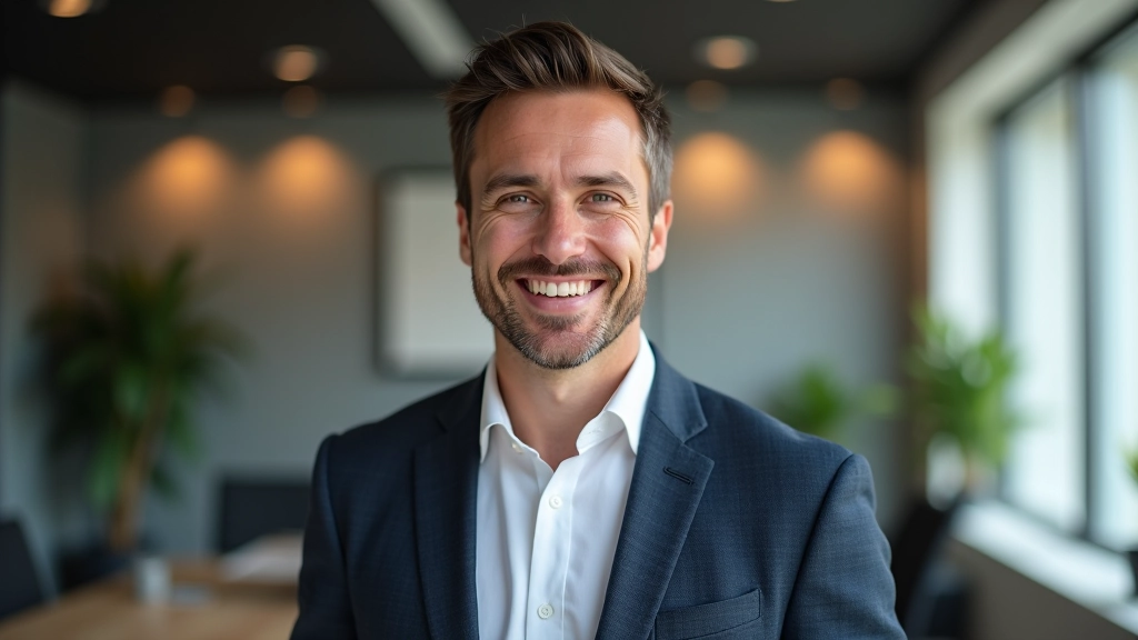 Uomo con barba, capelli scuri, abito casual ma elegante, sorriso amichevole, ufficio moderno sullo sfondo