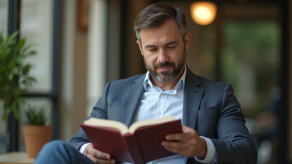 Uomo che legge durante la pausa pranzo, seduto con il libro in mano, ambiente ufficio o esterno