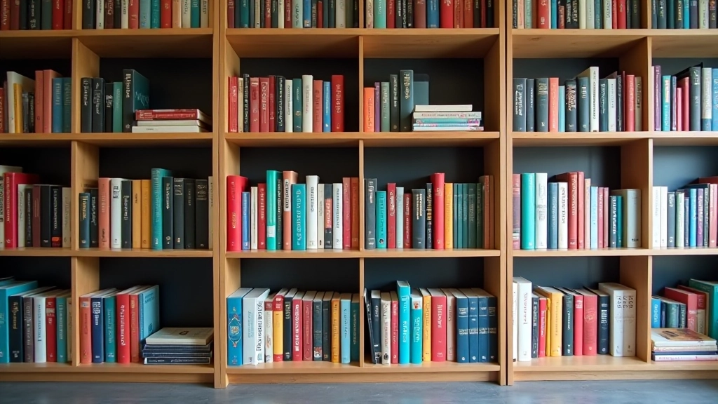 Scaffale di libri variopinti in libreria moderna, ampia selezione che rappresenta varietà di generi