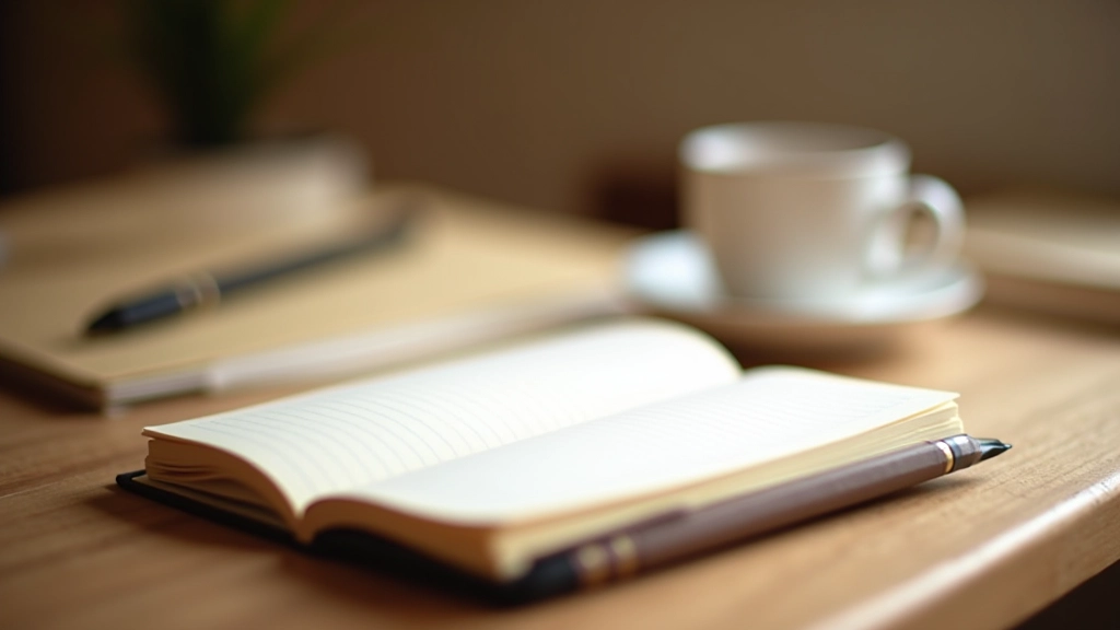 Diario e penna su scrivania accanto a una tazza di tè, spazio per annotazioni e riflessioni sulla lettura