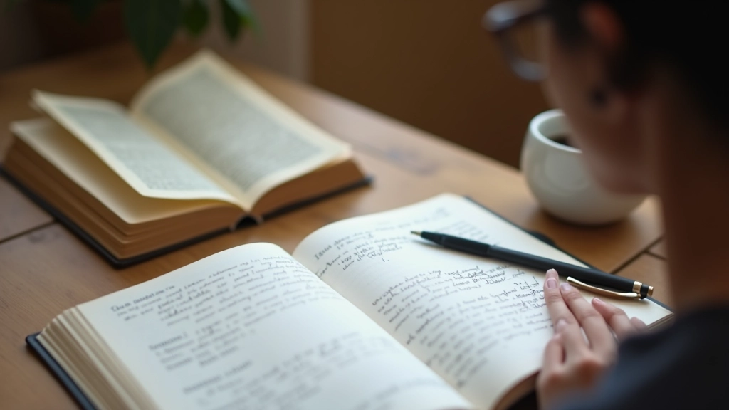 Quaderno aperto con note a mano, penna rossa accanto, pagine di un libro visibili sullo sfondo, tavolo di legno con caffè