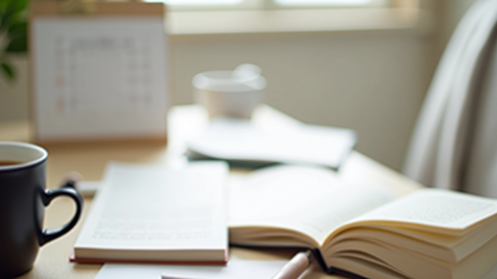 Scrivania ordinata con libro aperto, caffè, e un calendario con note di lettura, organizzazione minimalista