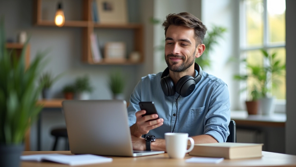Persona che ascolta contenuti audio su smartphone durante una pausa caffè in ufficio