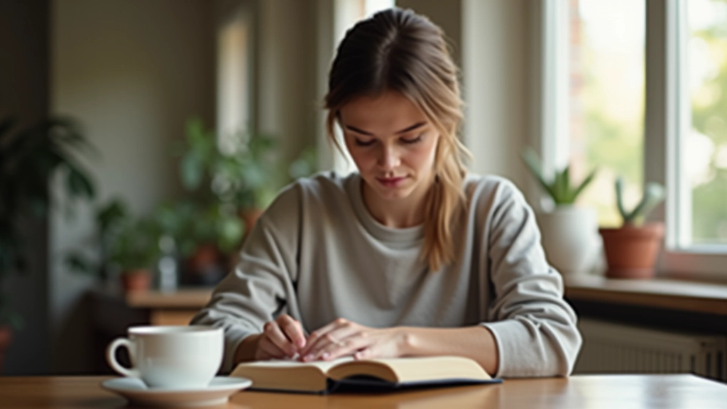 Persona che legge al mattino con una tazza di caffè sul tavolo, luce naturale, spazio tranquillo
