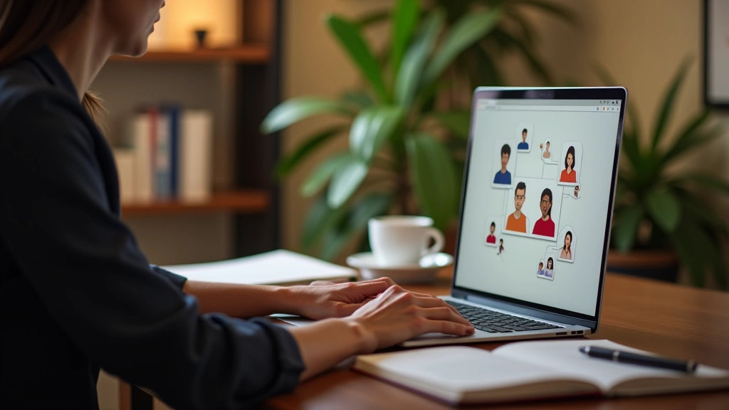 Schermo di computer con profilo di Meetup aperto, mani di una persona che naviga il sito, scrivania in home office con pianta e lampada