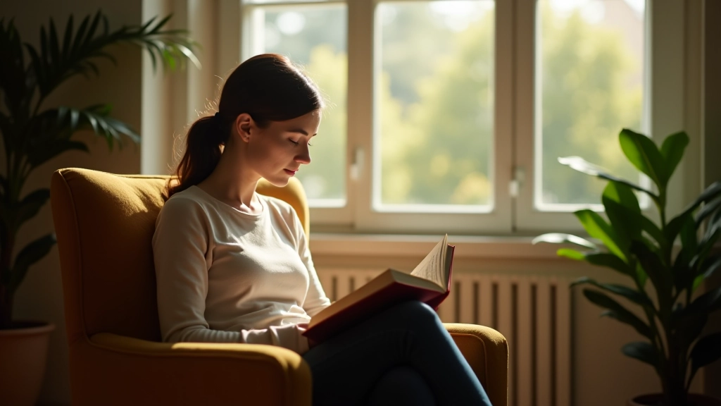 Persona che legge comodamente su una poltrona accanto a una finestra con vista su giardino, luce naturale morbida