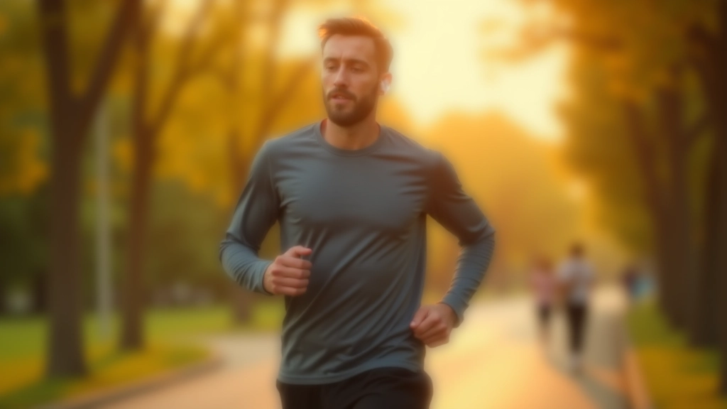 Persona che fa jogging al mattino con auricolari, paesaggio urbano illuminato dal sole