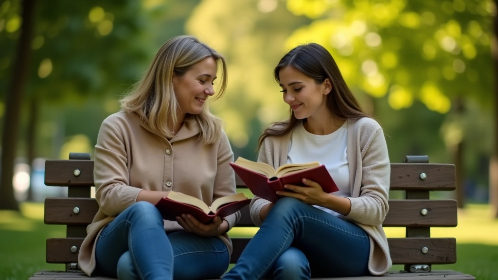 Due persone sedute su una panchina in un parco, conversano animatamente tenendo in mano un libro, circondate da verde e luce naturale