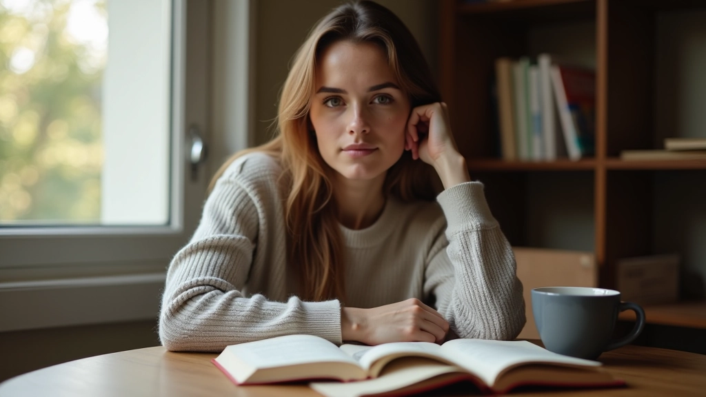 Donna seduta al tavolo con libro aperto e caffè caldo, luce naturale dal finestra