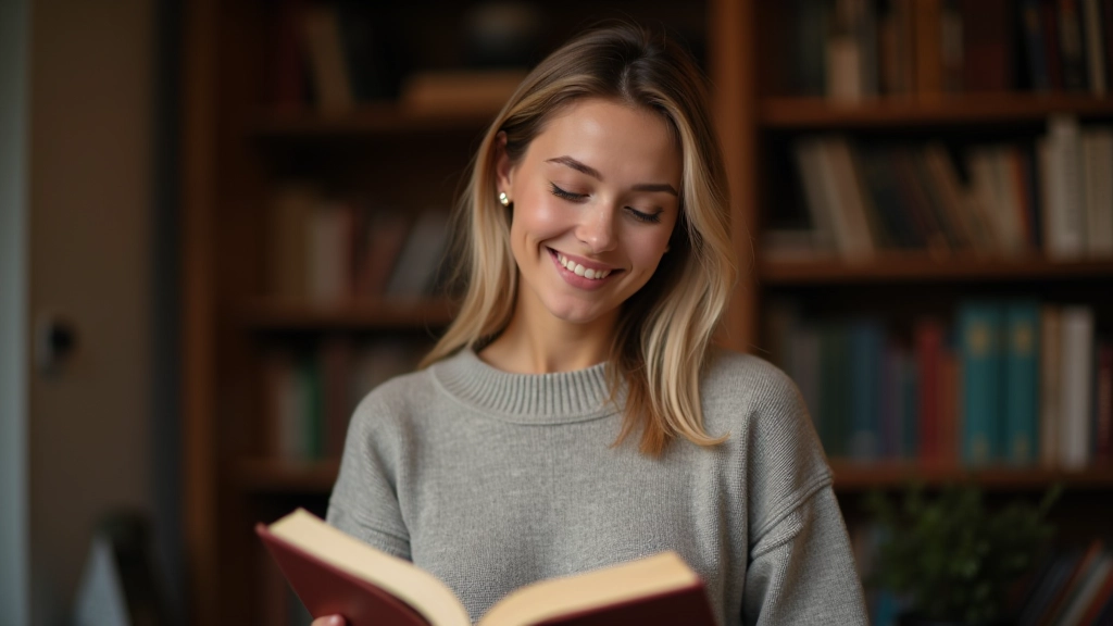 Donna seduta comodamente con libro aperto e bevanda calda in una libreria luminosa e accogliente