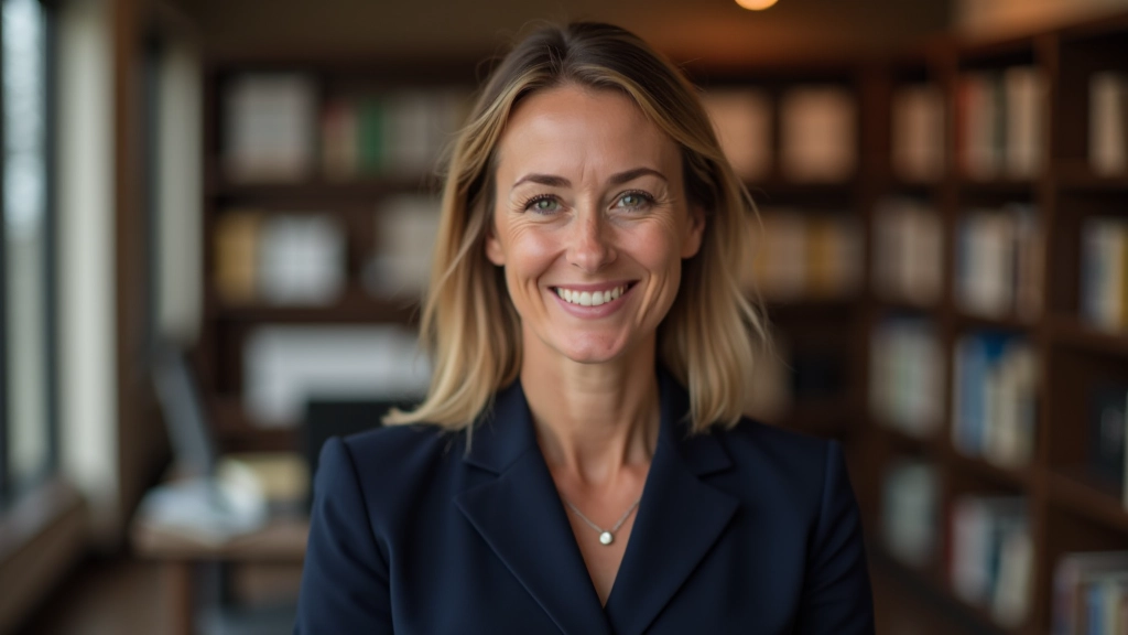 Donna con capelli castani in abito professionale, sorriso caldo, sfondo biblioteca moderna