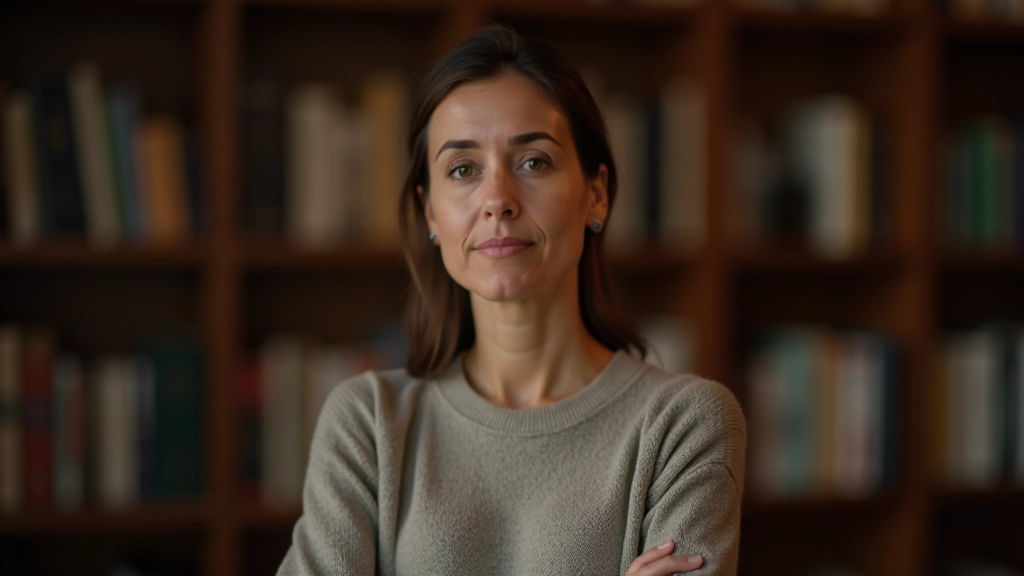 Donna con occhiali, capelli biondi raccolti, espressione concentrata, sfondo con libri e appunti